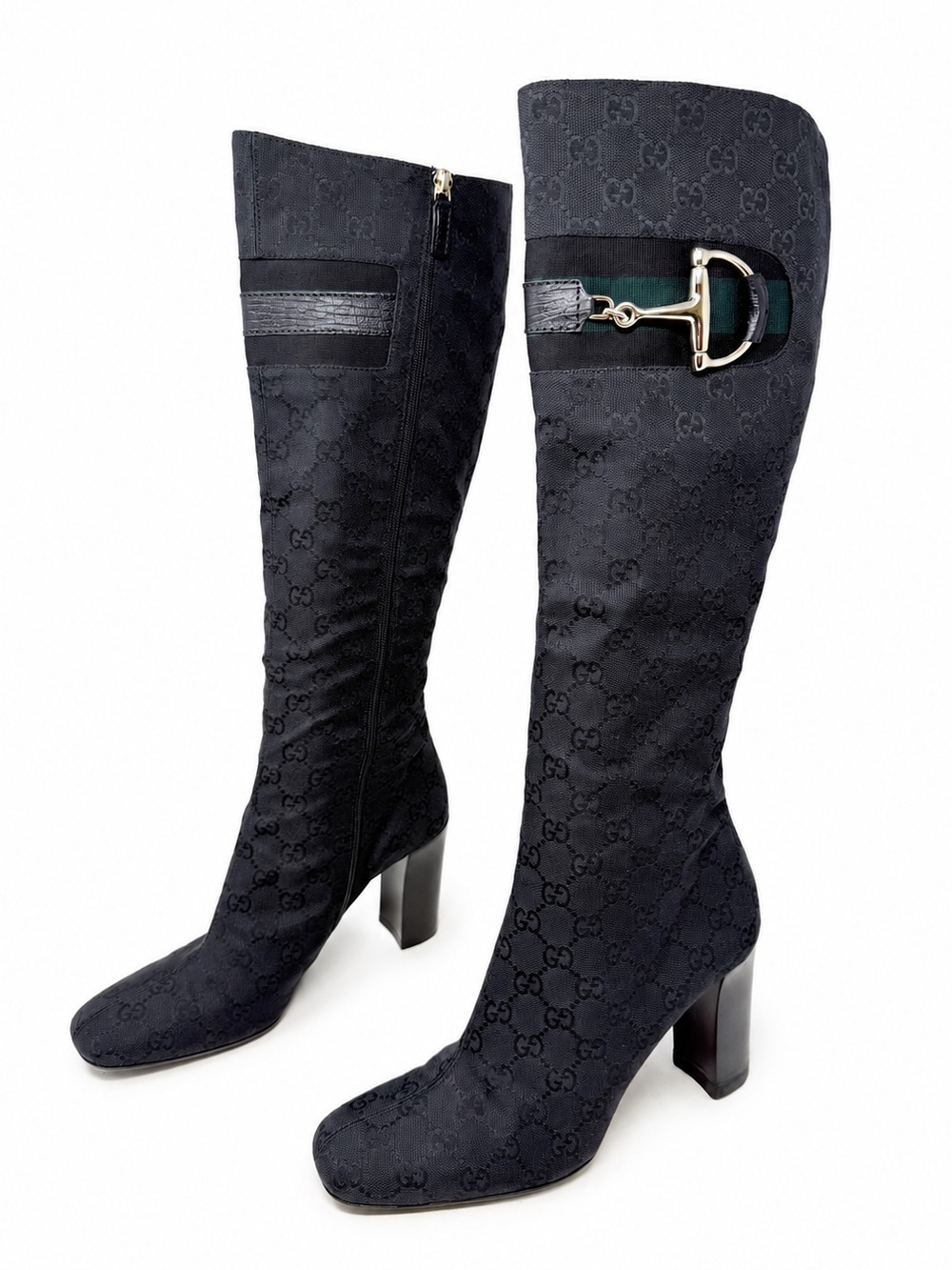 Gucci Black GG Monogram Horsebit Knee High Boots Womens US 9.5